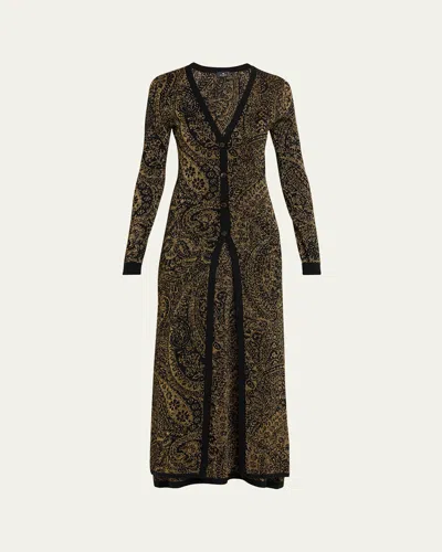 Etro Metallic Paisley Knit V-neck Long Cardigan In Black