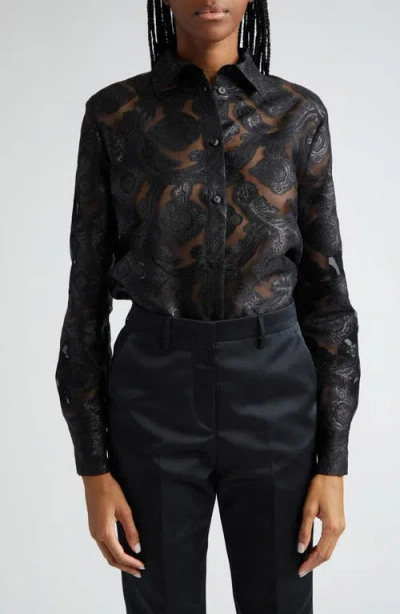 Etro Metallic Paisley Sheer Button-up Shirt In Black