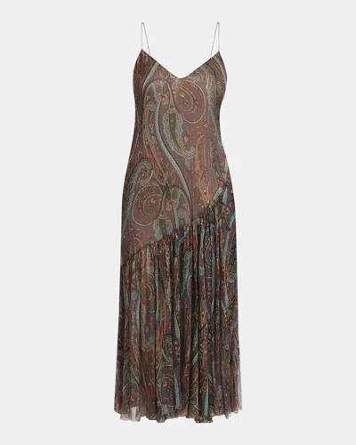 Etro Metallic Paisley Silk Ruffle Midi Slip Dress In Multi