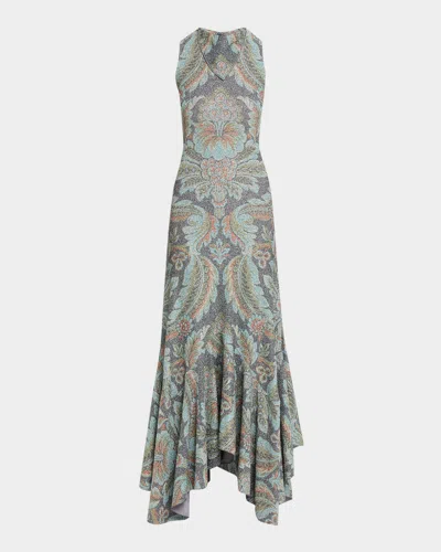 Etro Metallic Paisley Sleeveless Midi Mermaid Dress In Green