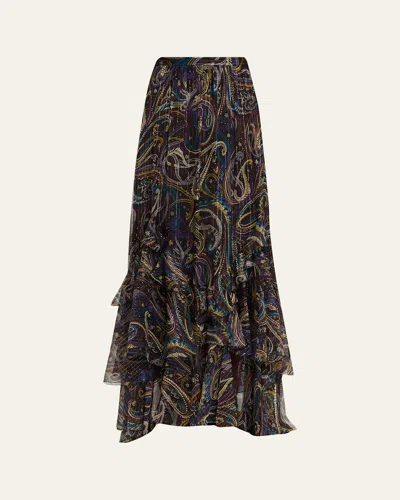 Etro Metallic Paisley Tiered Ruffle Maxi Skirt In Multi
