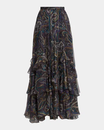 Etro Metallic Paisley Tiered Ruffle Maxi Skirt In Multi