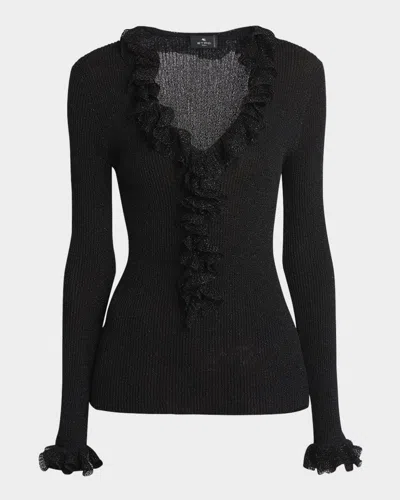 Etro Metallic Rib Ruffle V-neck Sweater In Black