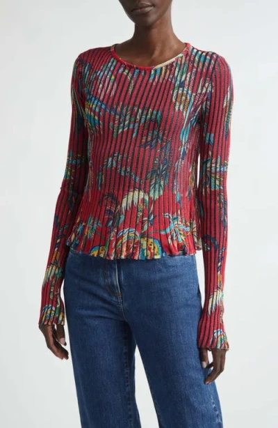 Etro Floral-print Open-knit Ribbed Blouse In Red