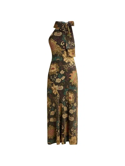 Etro Metallic Ribbed-knit Long Dress With Floral-motif In Brown