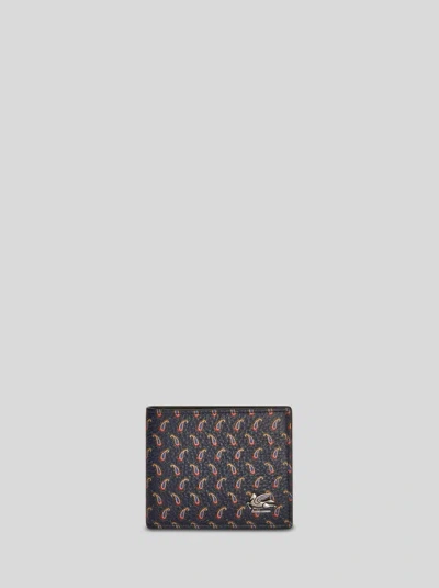 Etro Micro Paisley Leather Wallet With Pegaso In Black