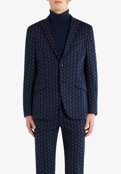 Etro Micro Paisley Tie Pattern Blazer In Navy
