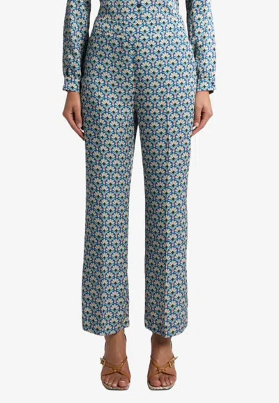 Etro Bootcut Trousers With Micro Palm Motif In Blue