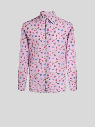 Etro Micro-striped Shirt With Flowers In Pink