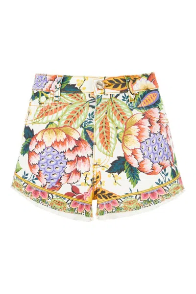 Etro Printed Cotton Denim Mid Rise Shorts In White,multi