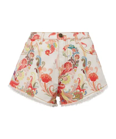 Etro Mid-rise Paisley Denim Shorts In White