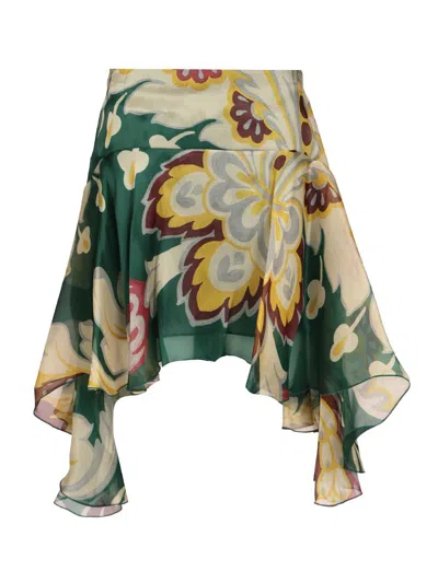 Etro Midi Skirt With Ruffles And Pasley Motif Skirts White In Green