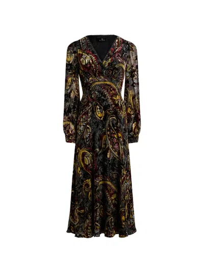 Etro Midi Wrap Dress In Burnout Velvet With Floral Paisley Motif In Brown