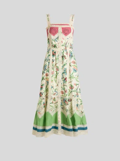 Etro , Midikleid Aus Baumwolle Mit Spitzeneinsätzen Mit Floralem Motiv, Damen, Grün, Grösse 44 In Multi