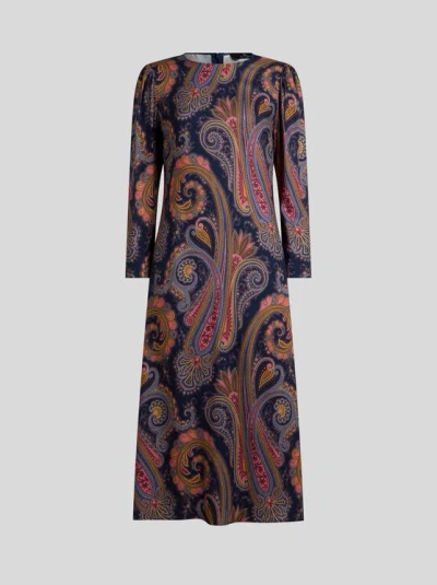 Etro , Midi-kleid Aus Crêpe Mit Paisley-motiv, Damen, Blau, Grösse 42 In Brown