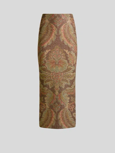 ETRO , JERSEY MIDI SKIRT WITH FLORAL MOTIF, WOMAN, BROWN, SIZE 42