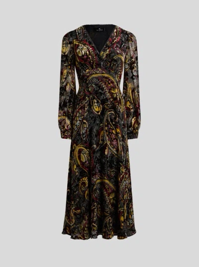 Etro , Midi-wickelkleid Aus Dévoré-samt Mit Floralem Paisley-motiv, Damen, Schwarz, Grösse 46 In Multi