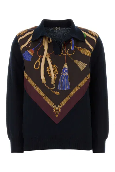 Etro Midnight Blue Wool-blend Polo Shirt In Black