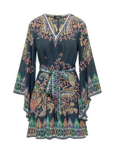 Etro Mini Blouson Dress For Chic Elegance In Blue