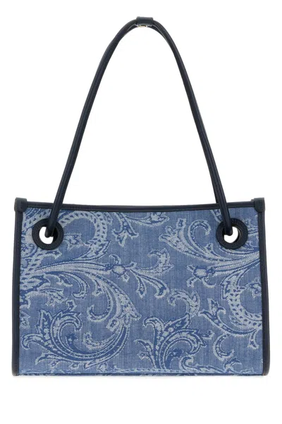 Etro Mini Embroidered Denim Eyes Shopping Handbag In Blue