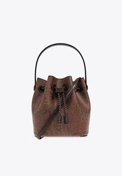 Etro Mini Paisley Jacquard Bucket Bag In Brown