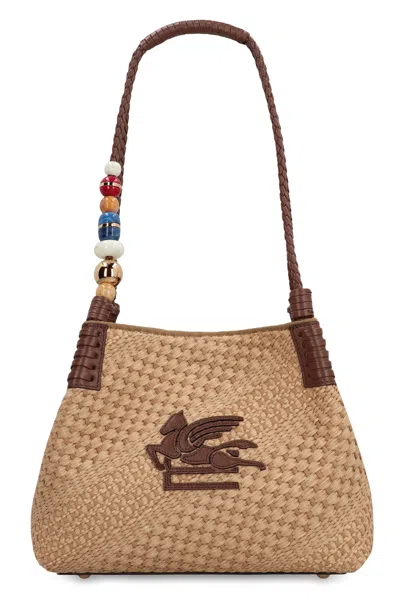Etro Mini Raffia Shopping Handbag With Pegaso Embroidered Detail In Brown