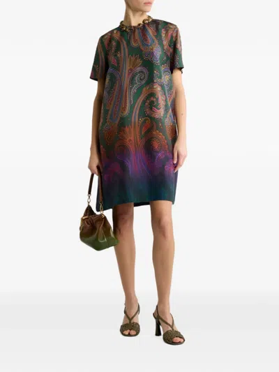 Etro , Mini Silk Tunic Dress With Degradé Paisley Motif, Woman, Green, Size 50 In Multi