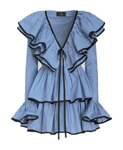 Etro Ruffled Gabardine-trimmed Striped Cotton-poplin Mini Dress In Blue