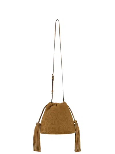 Etro Mini Suede Kalispera Bag With Patch And Tassels In Brown