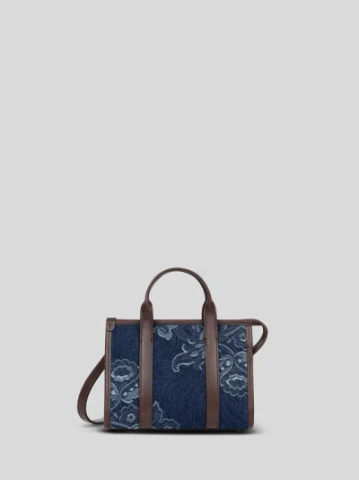 Etro Mini Top-handle Bag In Jacquard Denim In Navy Blue