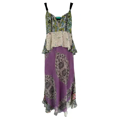 Pre-owned Etro Mix Print Silk Chiffon Peplum Slip Dress With Acrylic Bauble Bodice 44 In Gray