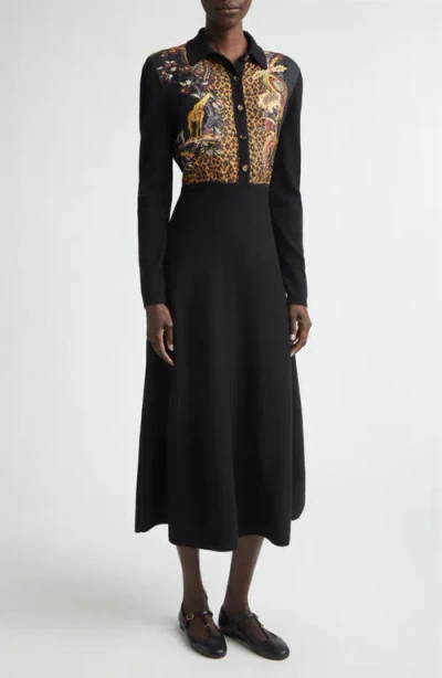 Etro Mixed Media Long Sleeve Wool & Cashmere Midi Sweater Dress In Black