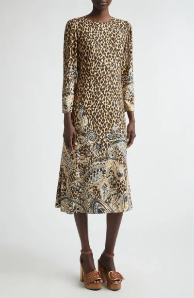 Etro Mixed Print Long Sleeve Midi Dress In Brown