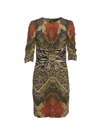 Pre-owned Etro Mixed-print Ruched Mini Dress In Brown