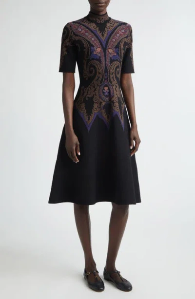 Etro Mock Neck Jacquard Fit & Flare Sweater Dress In Multi
