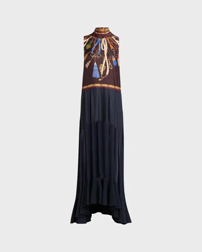 Etro Mock-neck Foulard-print Sheer Panel Maxi Dress In Blue