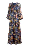 Etro Ruffled Printed Silk Gown In Blue