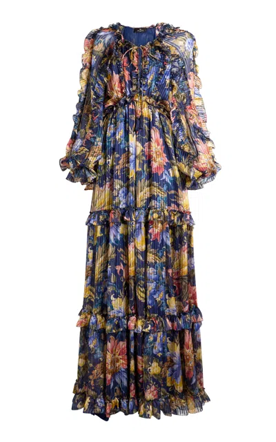 Etro Ruffled Printed Silk Gown In Blue
