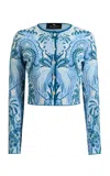 Etro Cropped Patterned Knit Cardigan In Blue