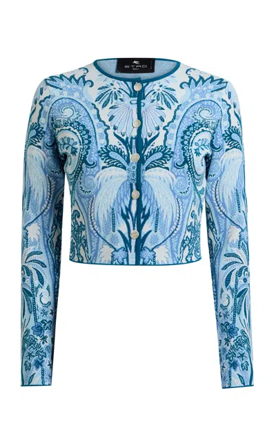 Etro Cropped Patterned Knit Cardigan In Blue