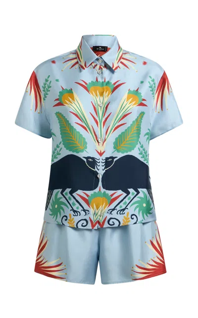 Etro Printed Silk Shorts Set In Blue
