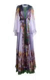 Etro Printed Cape-sleeve Silk Gown In Purple