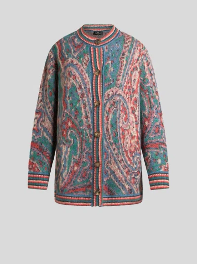 Etro , Mohair Maxi Cardigan With Paisley Motif, Woman, Light Blue, Size 50