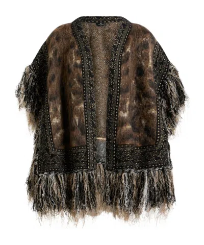 Etro Mohair-blend Jacquard Cape With Fringing And Leopard Motif In Brown