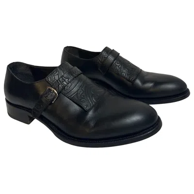 Pre-owned Etro Monk Strap Glossed Black Leather Shoes Size It 44 Loafers Buckle Paisley