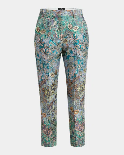 Etro Multi Garden Floral Brocade Straight-leg Ankle Pants In Multicolour On Pale