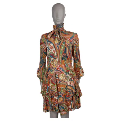 Pre-owned Etro Multi Silk 2021 Stockton Paisley Ruffled Tie-neck Dress 44 L In Brown