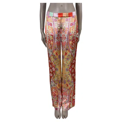 Pre-owned Etro Multi Silk 20212 Floral Wide Leg Satin Pants 42 M In Brown