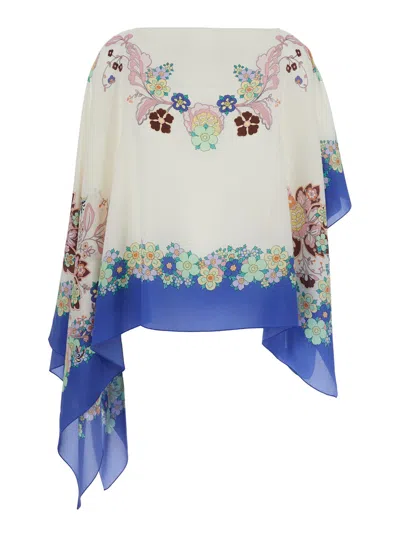 Etro Multicolor Cape With All-over Floral Print And Asymmetric Design In Silk Woman In Blue