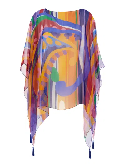 Etro Multicolor Cape With All-over Print And Tassel Details In Silk Woman
